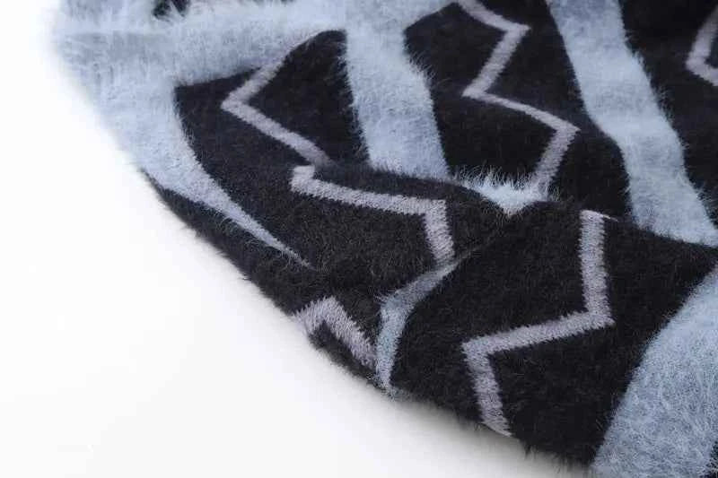 Women Retro V-Neck Collar Mohair Striped Cardigan