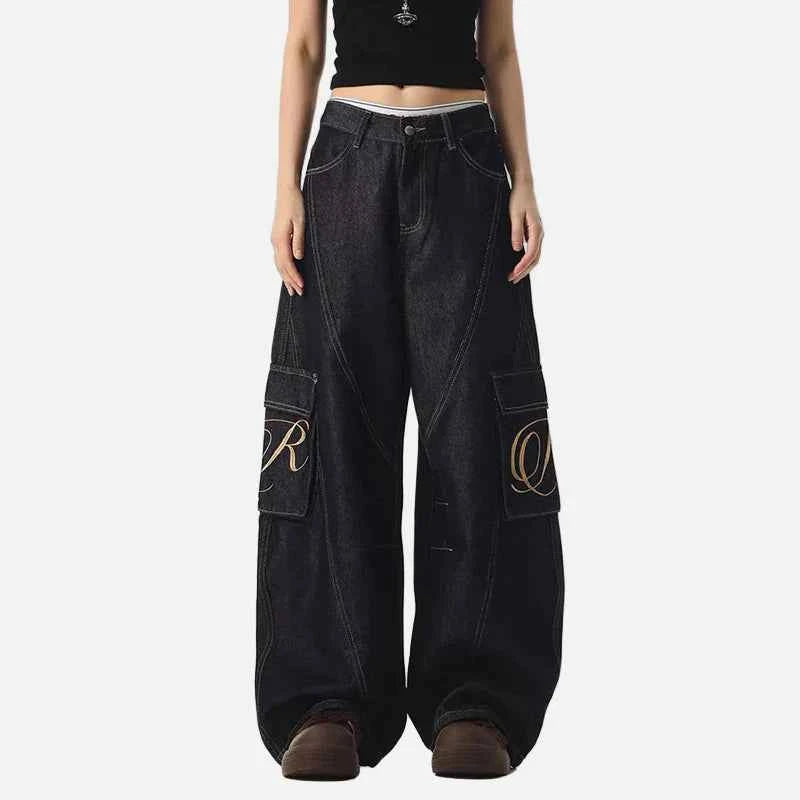 Streetwear Dark Blue Y2K Wash Wide Leg Cargo Jeans