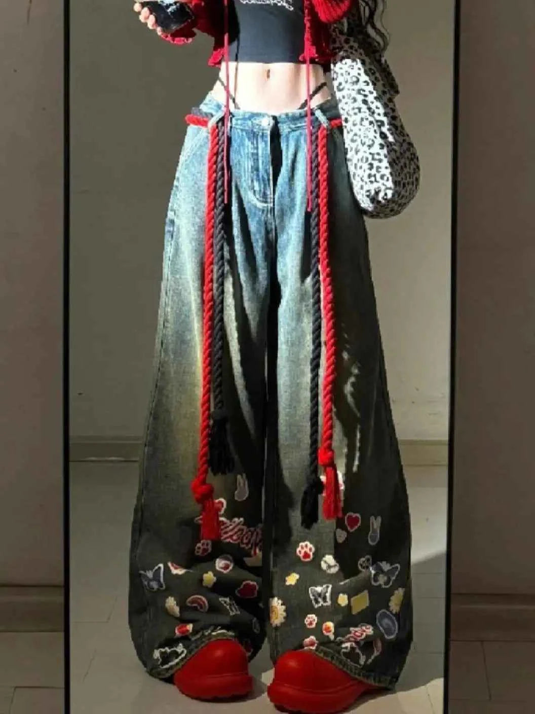 Retro Stickers Vintage High Waist Denim Jeans