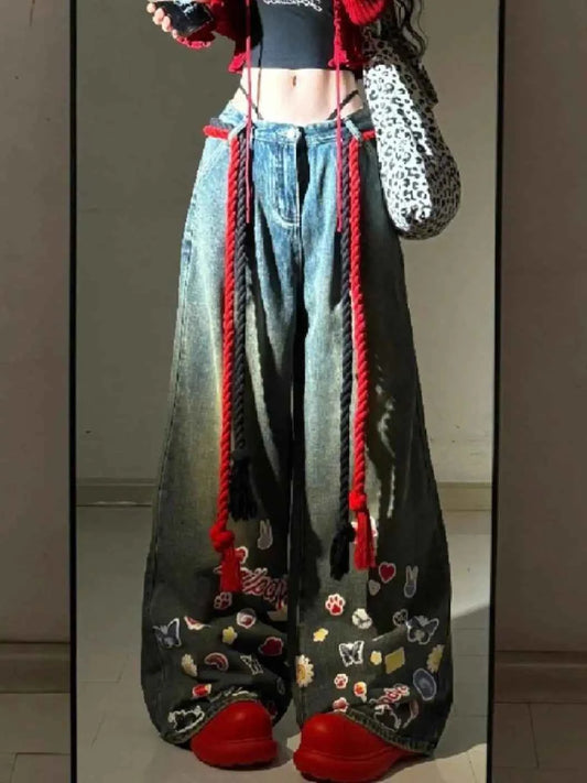 Retro Stickers Vintage High Waist Denim Jeans