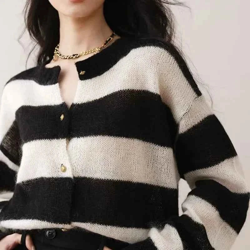 Handesome French Style Striped Spliced Cardigan