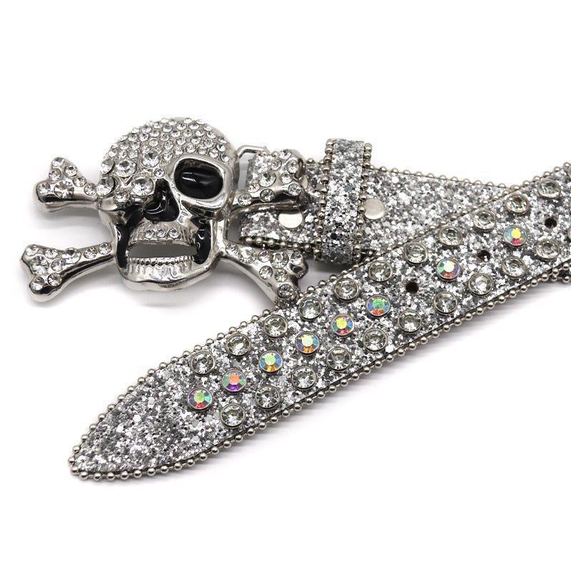 Skull Emblem Rhinestone Slim Belt - Y2K Grunge Aesthetic | LuxuryUrbanwear