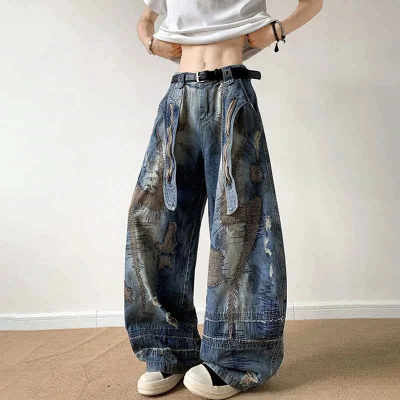 Flexible Patched Ribbon Loose Wide Leg Jeans