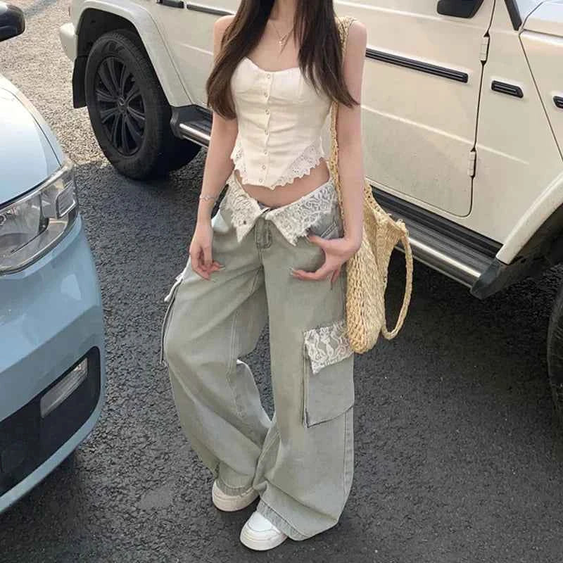 Plush Vintage Lace Trim Cargo Jeans