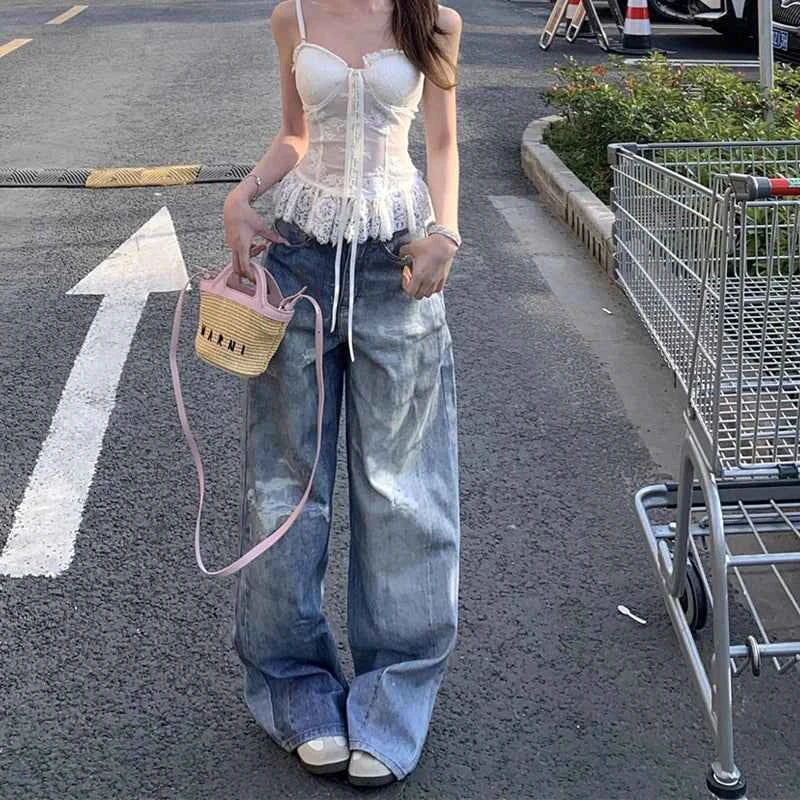 Vintage Korean Style Washed Ripped High-Waisted Jeans