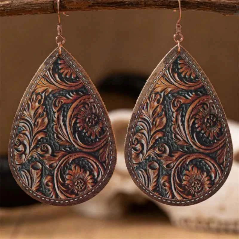Retro Tan Leather Carved Dangle Earring
