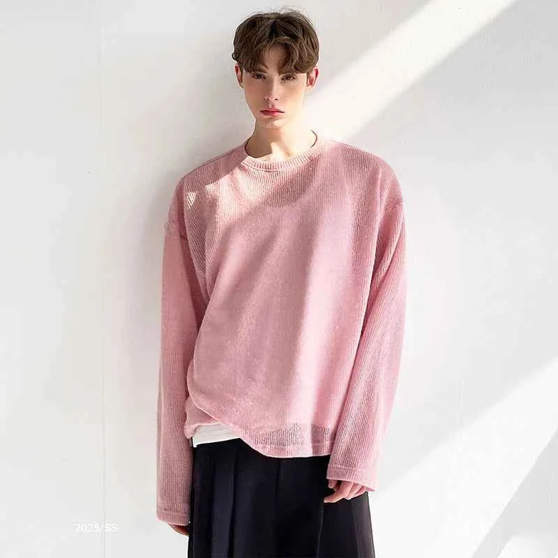 Pink Elegant Handsome Round Neck Knitted T-Shirt