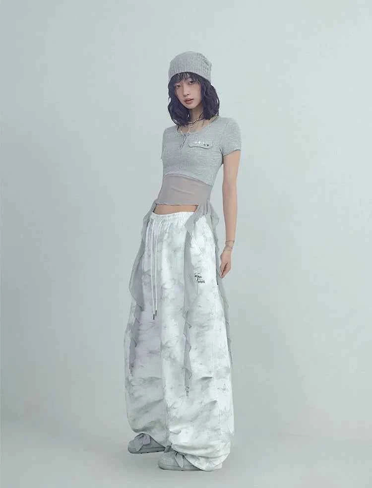 White Printed Knitted Paratrooper Pants