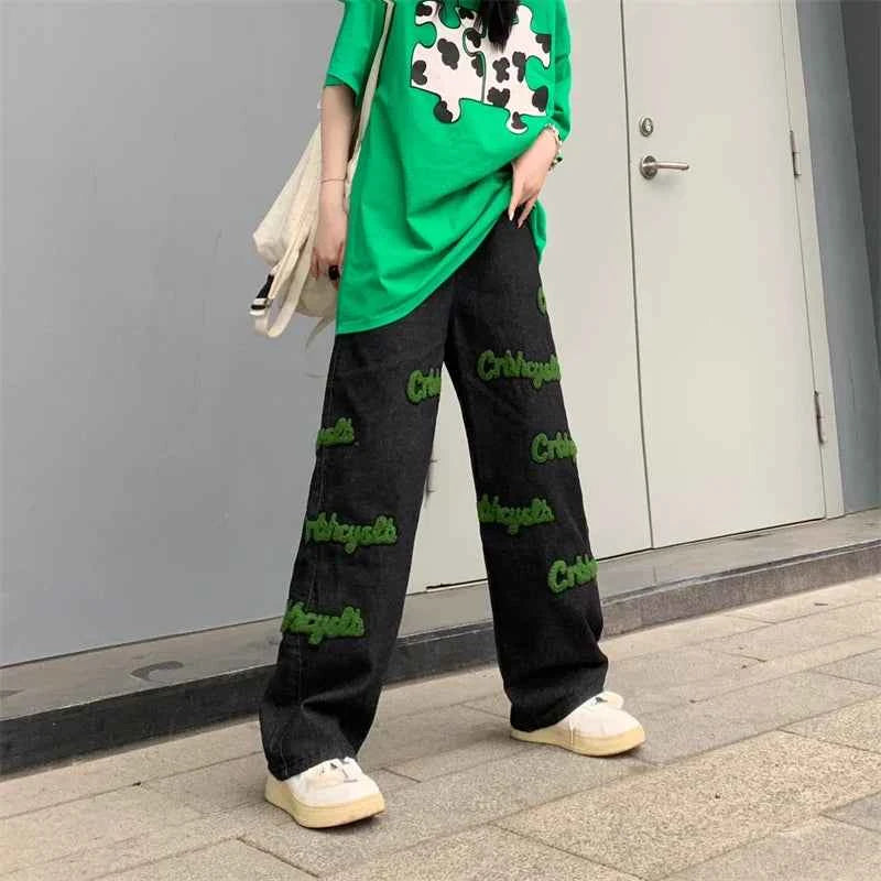 Elastic High Waist Flocked Embroidered Jeans