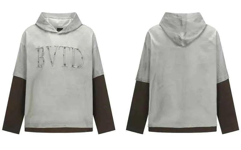 Grunge Embroidered Fake Two Piece Layered Hoodie