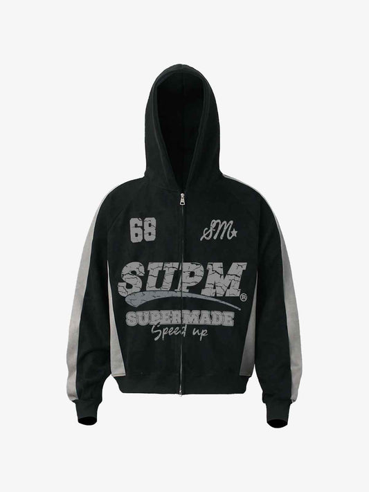 Suede Foam Letter Patchwork Zipper Shorts Jacket