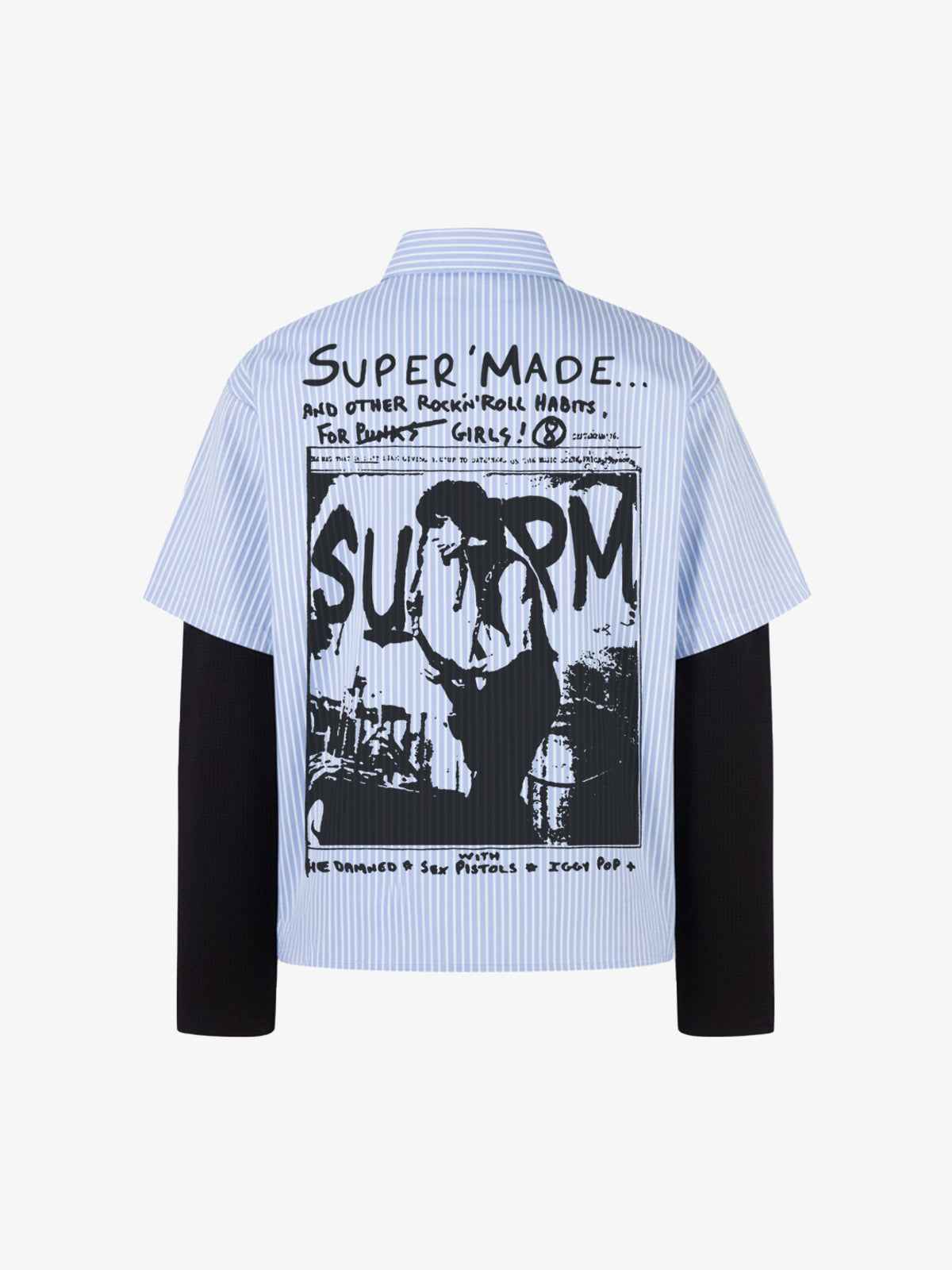 Vintage Illustration Striped Faux Two-Piece Shirt
