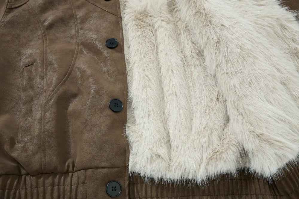 Retro Spliced Turn Down Collar Fur Leather Jacket