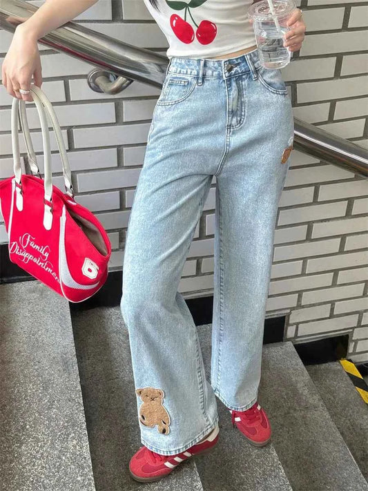 Korean Style Vintage Embroidered High Waist Jeans