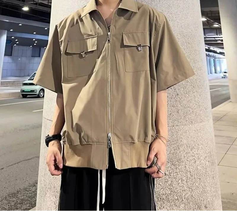 Chic Retro Zipper Short Sleeve with Pockets Shirt - Luxuryurbanwear