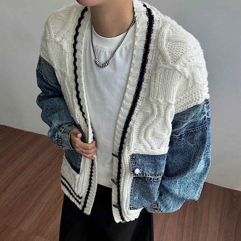 Lightweight Patchwork V-Neck Denim Cardigan