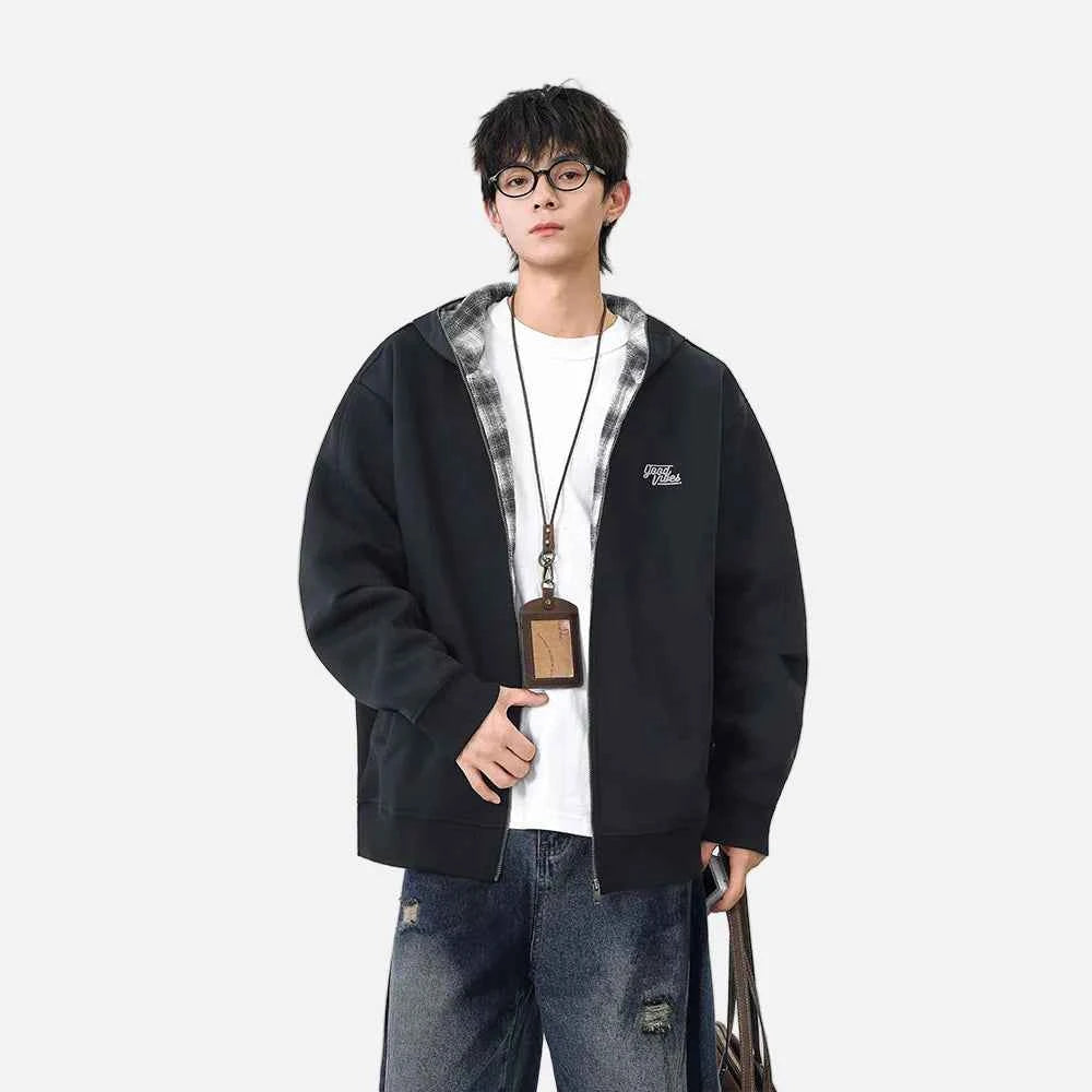 Y2K Warm Plaid Lined Zip-Up Hooded Sweatshirt