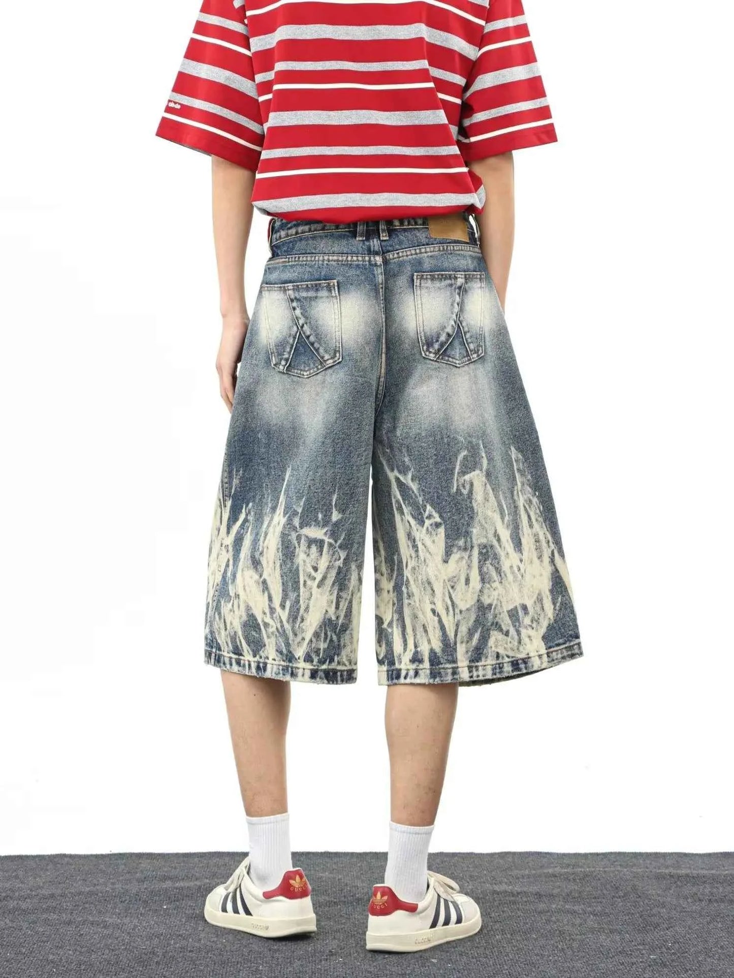Streetwear Comfort Flame Wash Wide Leg Denim jorts