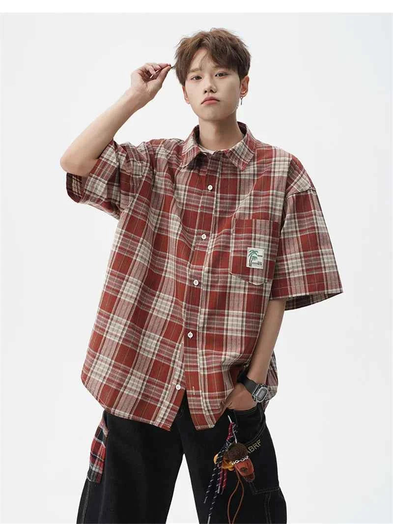 Men's Cool Plaid Short Sleeve Pocket Vintage Shirt