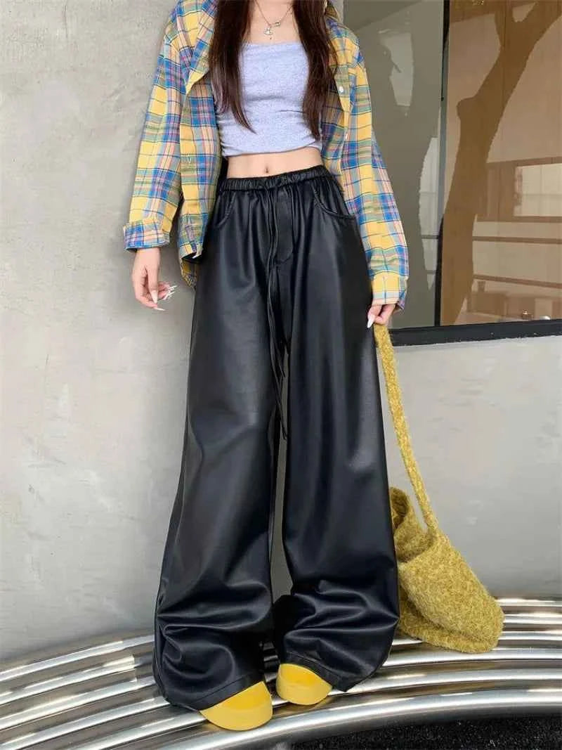 Y2K Urban Relax Preppy High Waist Leather Pants