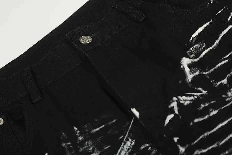 Streetwear Black Diamond Star Patchwork Wide Leg Jeans