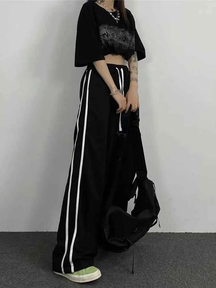 Women Vintage Striped High Waist Black Casual Pants
