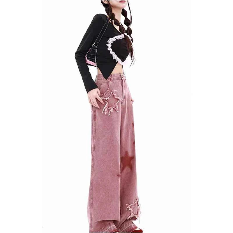 Women Star Pink Letters Printed High Waisted Jeans