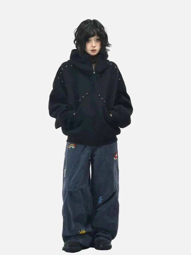 Rivet Patchwork Loose Ears Hooded Gothic Sweatshirt