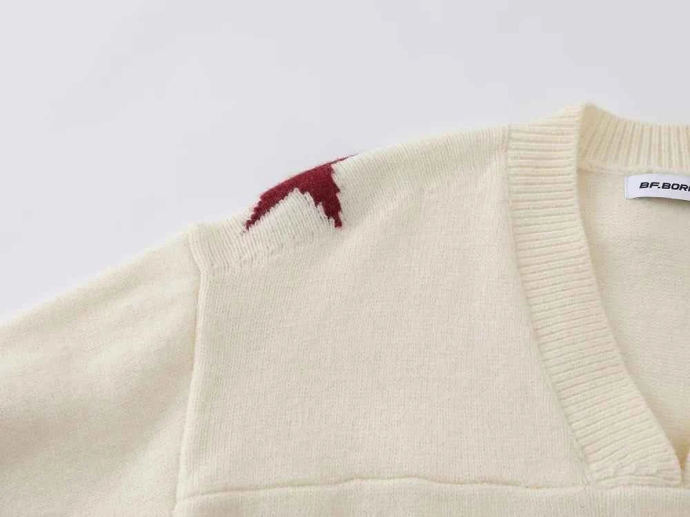 Casual Retro Letter Print Knitted V-Neck Sweater