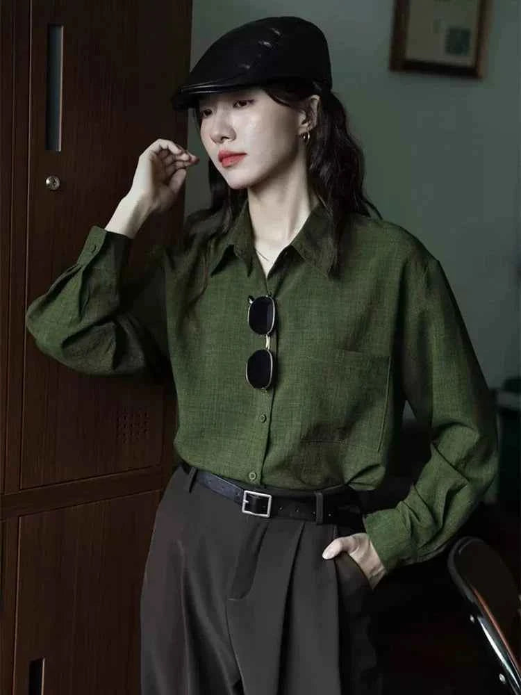 Women Casual Elegant Green Korean Style Chic Long Shirt