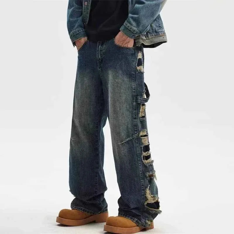 Vintage Distressed Cutting Wide Leg Denim Jeans