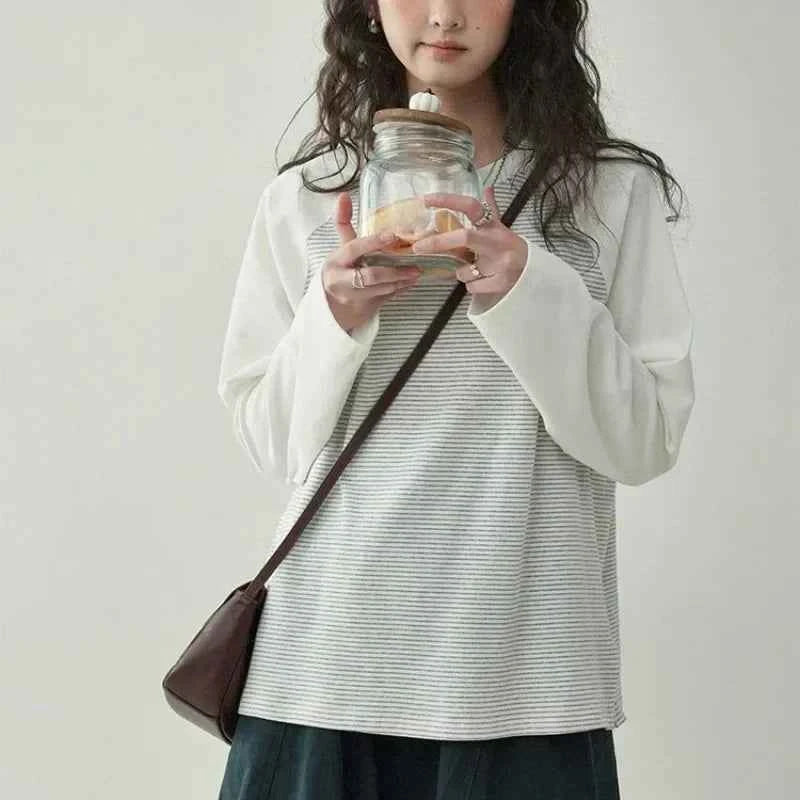 Y2K Japanese Style Patchwork Striped Loose Sweatshirt