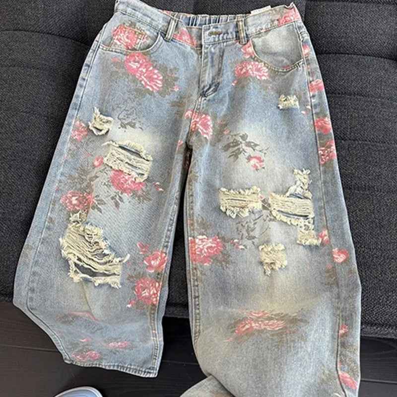 Retro Peony Flower Jacquard Ripped Jeans