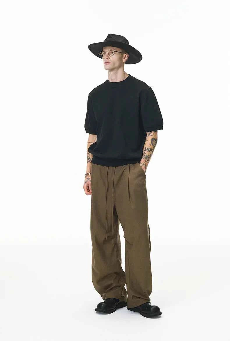 American Solid Color Relaxed Fit Linen Wide Leg Pants