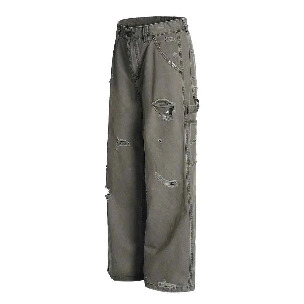 Streetwear Carpenter Washed Distressed Cargo Jeans