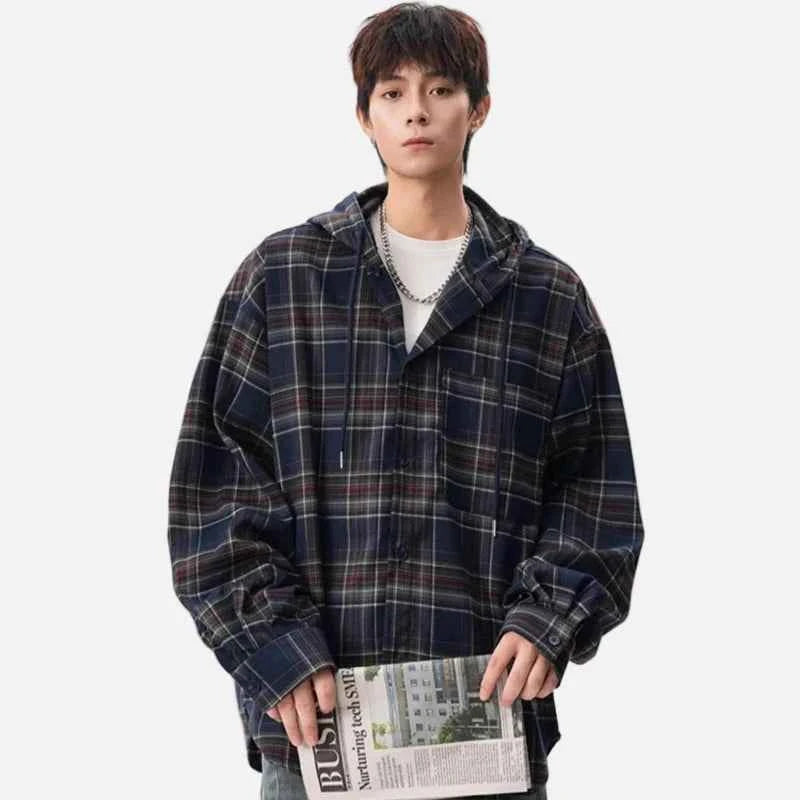 Versatile Y2K Plaid Hooded Long Sleeve Shirt