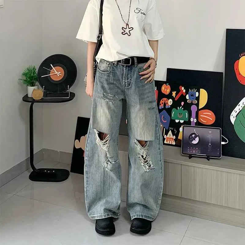 Streetwear Bamboo Joint Ripped Loose Jeans
