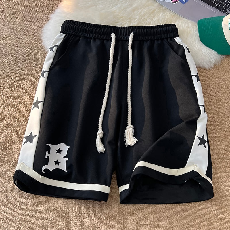 B Letter Drawstring Stars Patchwork Shorts