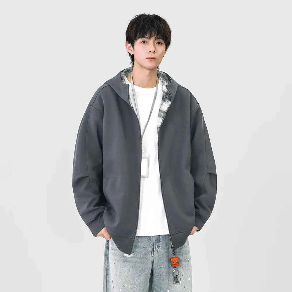 Plaid Zip-Up Casual Loose Hooded Sweatshirt