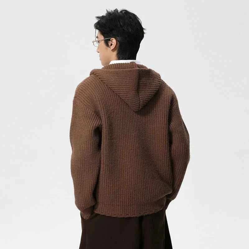 Frayed Design Thick Knit Hooded Knits Cardigan