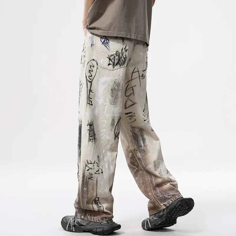 Streetwear American Graffiti Ripped Loose Wide Leg Jeans