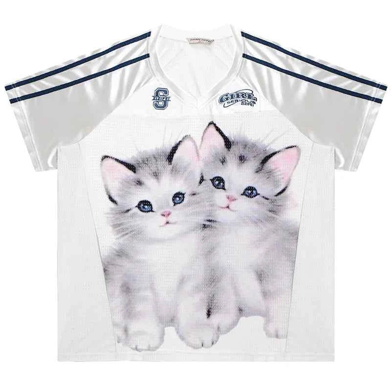 Funny Cat Print Football Jersey T-Shirt