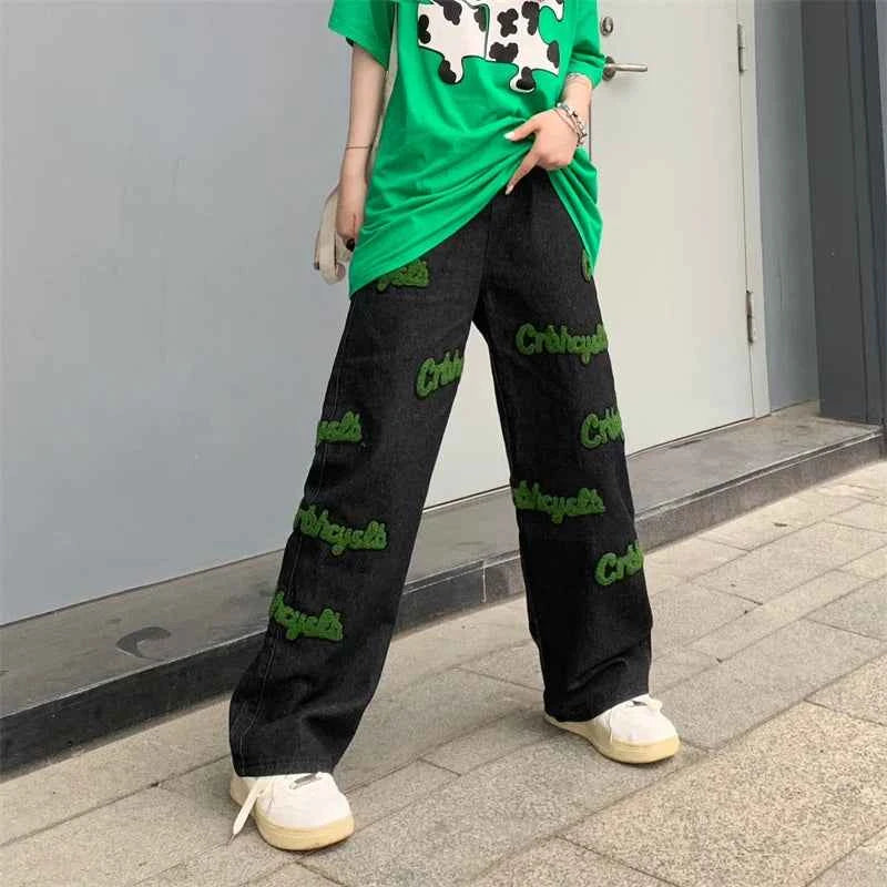 Elastic High Waist Flocked Embroidered Jeans