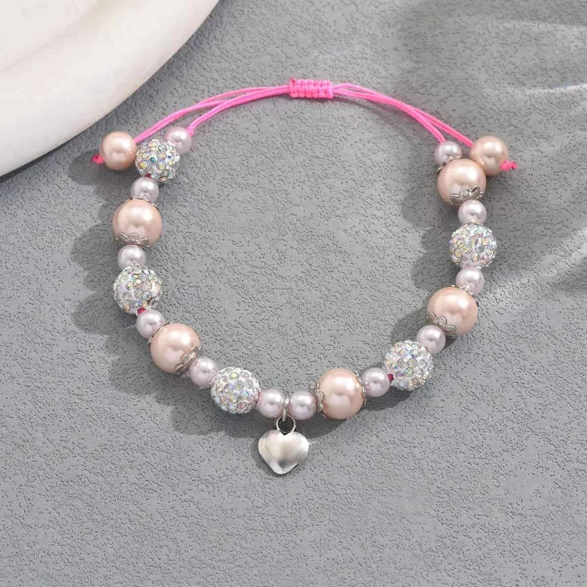 Shiny Pink Imitation Pearl Heart Charm Bracelets