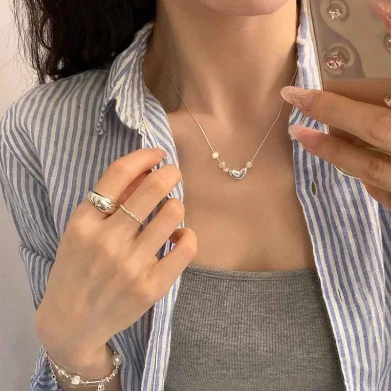 Women Cool Chic Silver Heart Pearl Necklace