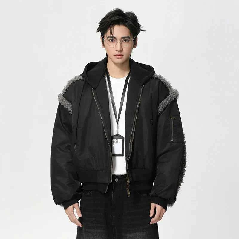 Stylish Patchwork Frayed Hooded Baseball Jacket