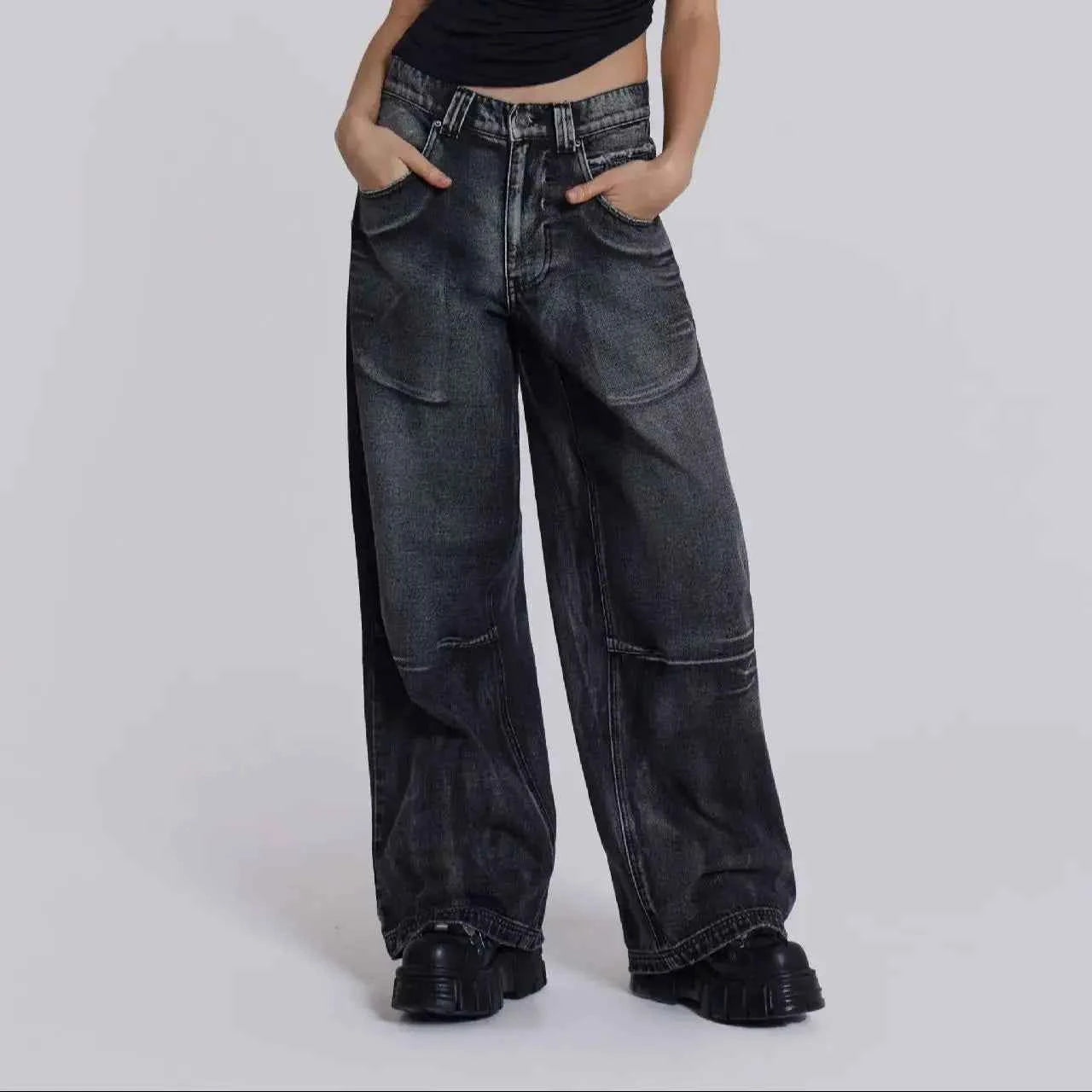Vintage Wing Pattern Baggy Wide Leg Jeans
