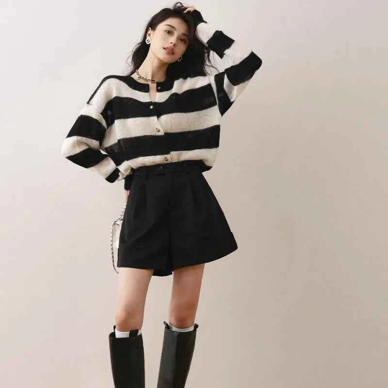 Handesome French Style Striped Spliced Cardigan