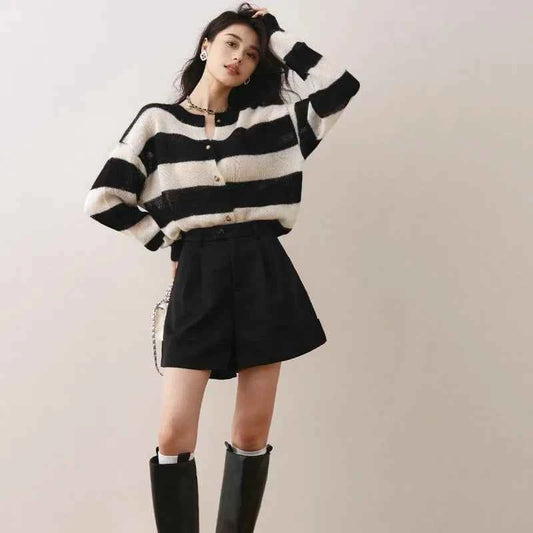 Handesome French Style Striped Spliced Cardigan