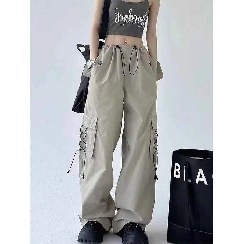 American Style Solid Pleated Wide Leg Cargo Pants